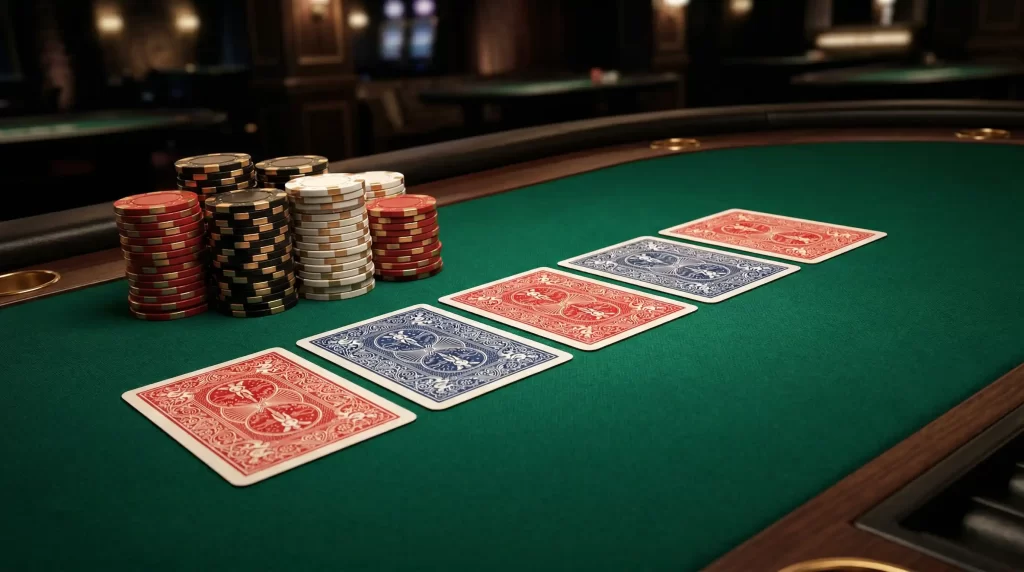 Five-Card Omaha Poker mit fuenf Spielkarten auf gruenem Pokertisch