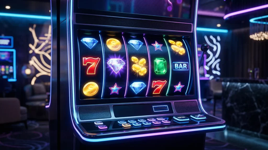 Moderne 5-Walzen-Spielautomaten mit leuchtenden Symbolen auf den Walzen in digitaler Casino-Umgebung