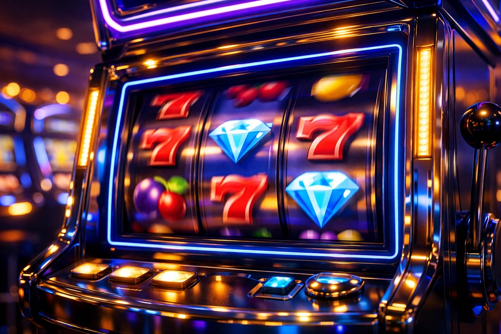 Moderne digitale gokkast met kleurrijke symbolen en neonverlichting in sfeervolle speelomgeving