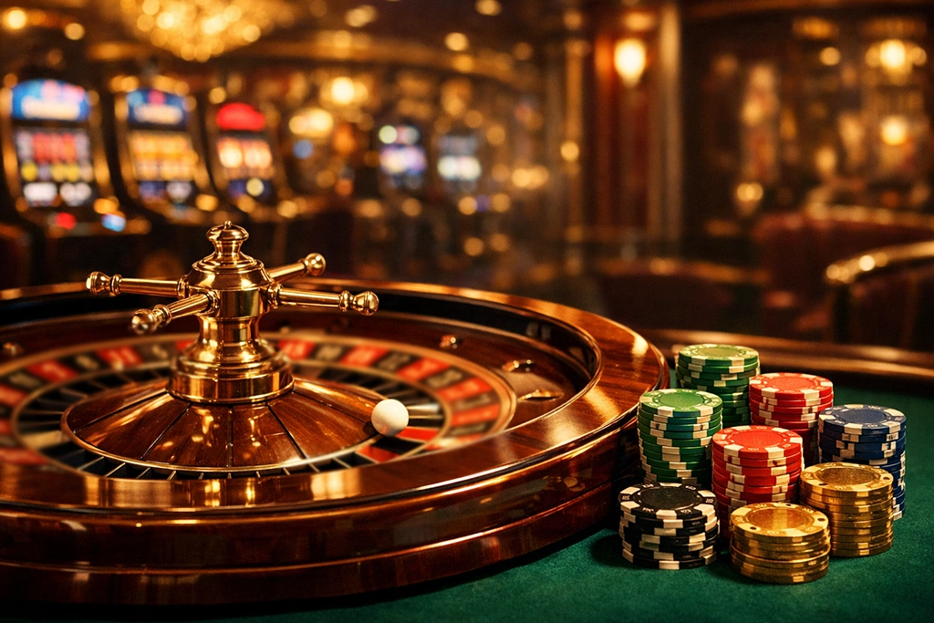 Sfeervolle casinosfeer met speelfiches en roulettetafel voor echt geld spelen in Nederland