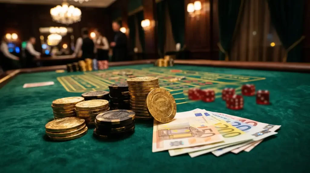 Goldene Casino-Chips und Würfel auf grünem Samtspieltisch mit atmosphärischer Beleuchtung