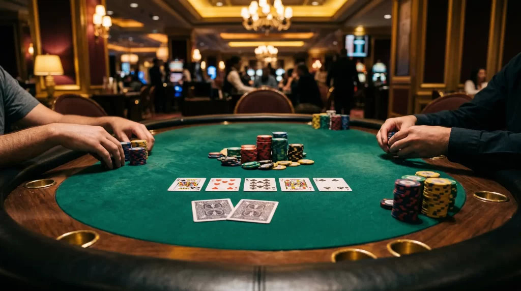 Heads-Up Hold'em Pokertisch in einem Casino mit Karten und Chips