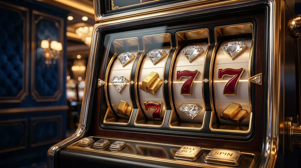 Stilisierte Darstellung eines modernen Spielautomaten mit leuchtenden Walzen und goldenen Akzenten vor dunklem Hintergrund