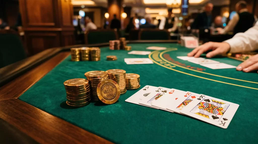 Golden casino chips and playing cards illuminated by warm ambient lighting on a professional gaming table