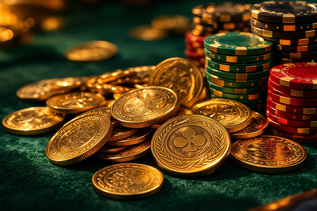 Gouden munten en casino chips onder sfeervolle verlichting symboliseren hoge uitbetalingen bij online gokspellen