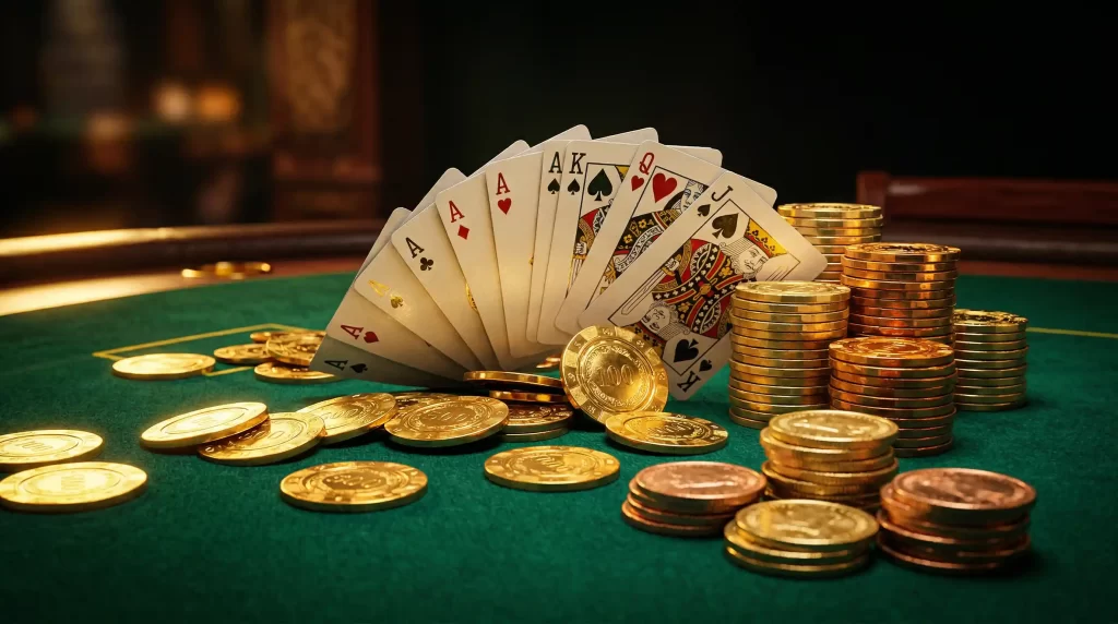 Goldene Pokerchips und Spielkarten auf einem gruenen Casinotisch mit dramatischer Beleuchtung