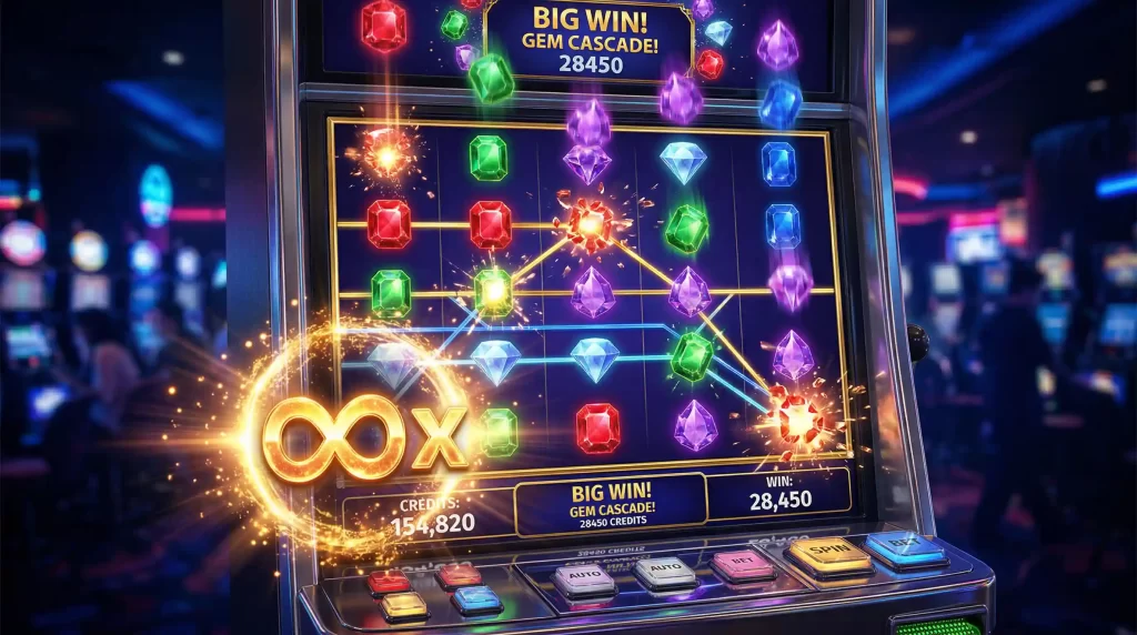 Spielautomat mit kaskadierenden Walzen und leuchtenden Multiplikator-Symbolen in goldener Farbpalette