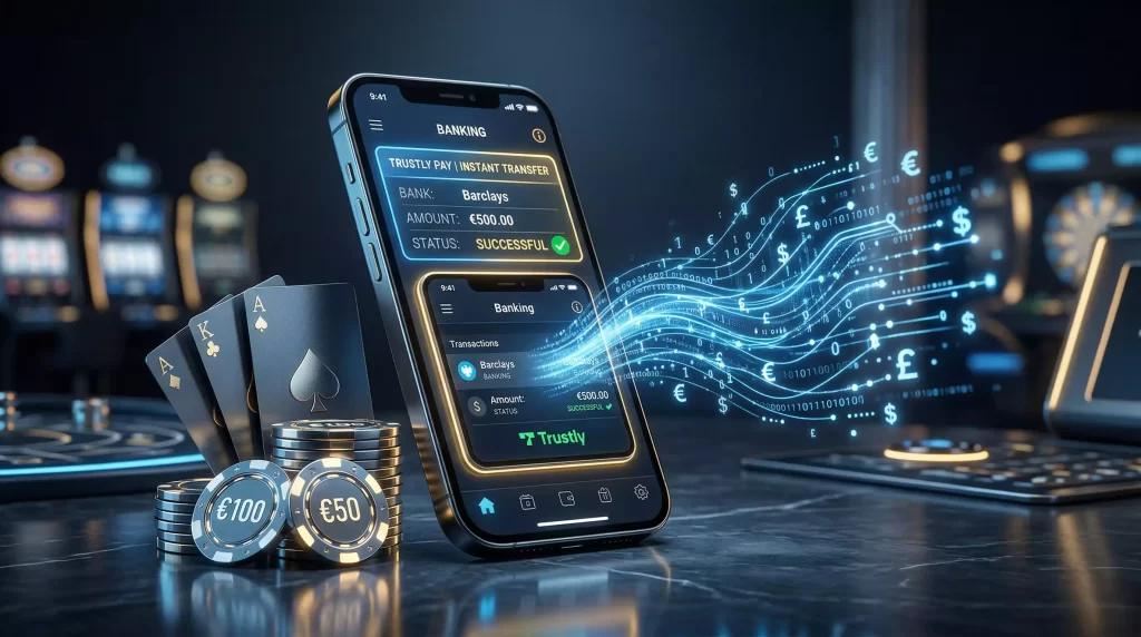Smartphone displaying instant bank transfer interface with digital payment streams and stylized casino elements in blue and gold color scheme