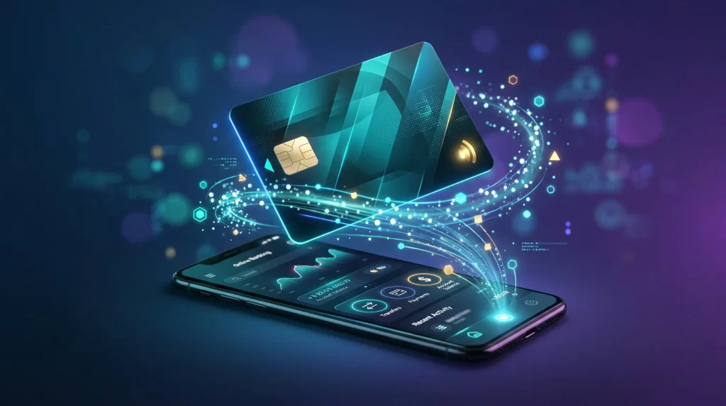 Interac Zahlungssystem Darstellung mit Bankkarte und digitalem Geldtransfer