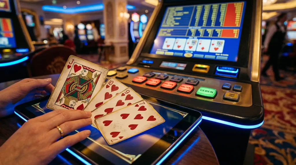 Jacks or Better Video Poker mit Spielkarten und Pokerhand auf einem digitalen Bildschirm
