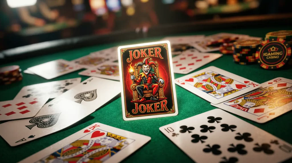 Jokers Wild Videopoker Spielkarten mit Joker als Wildcard auf einem gruenen Pokertisch
