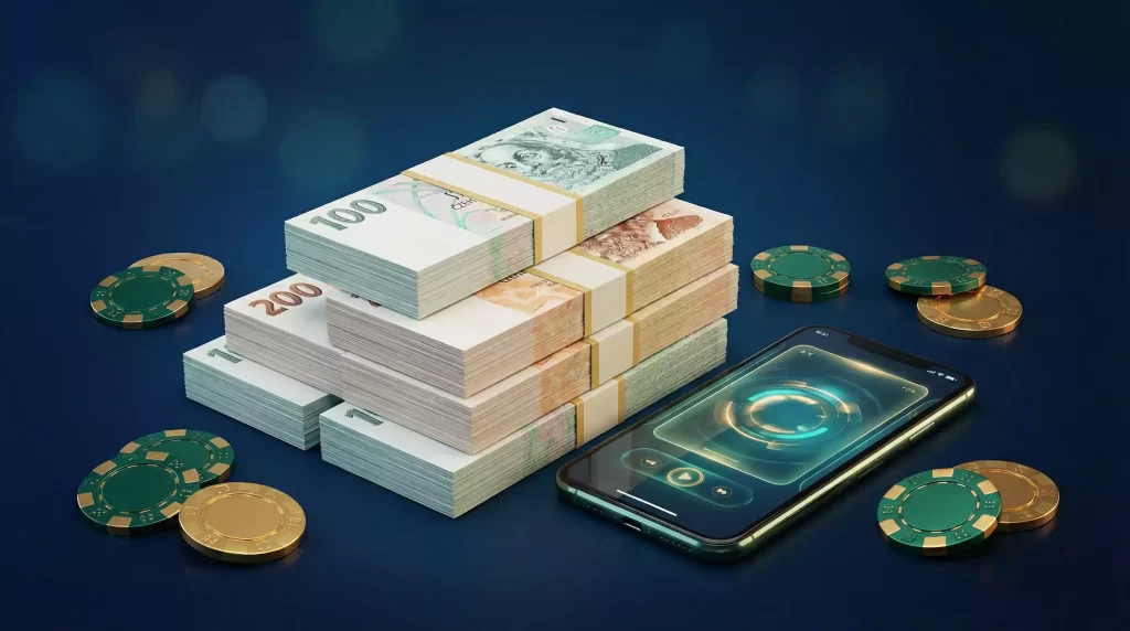 Rozhrani online kasina s mobilnim telefonem a bankovnimi ikonami symbolizujici rychle platby bez registrace