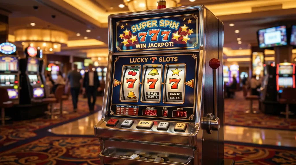 Klassische 3-Walzen-Spielautomaten mit traditionellen Fruechte-Symbolen in atmosphaerischer Casino-Beleuchtung