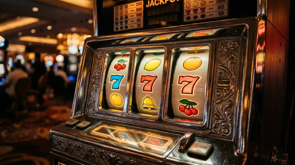 Klassische Spielautomaten mit traditionellen Fruchtsymbolen und leuchtenden Walzen in atmosphärischer Beleuchtung