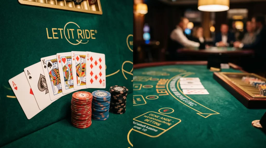 Let It Ride Poker Kartenspiel am Casino-Tisch mit Spielkarten und Chips