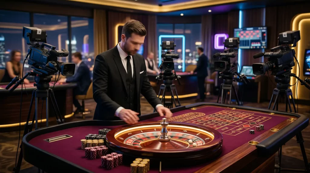 Live-Kasino Roulette-Tisch mit HD-Streaming und professionellem Dealer in modernem Studio