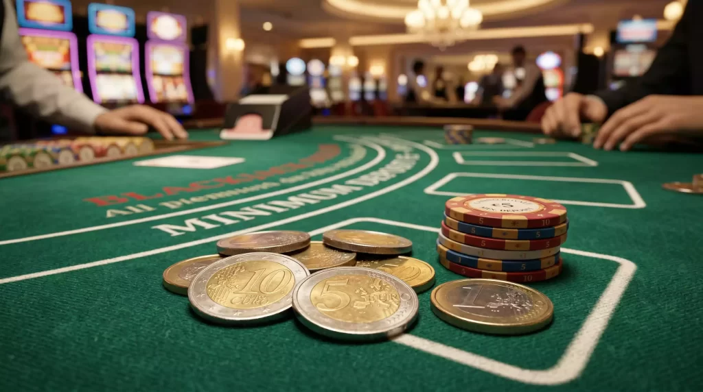 Casino chips and euro coins on a green felt table representing minimum deposit gambling options