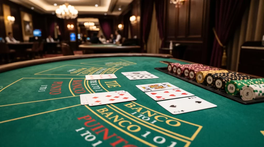 Mini-Baccarat Spieltisch mit Karten und Chips in einem eleganten Casino-Ambiente