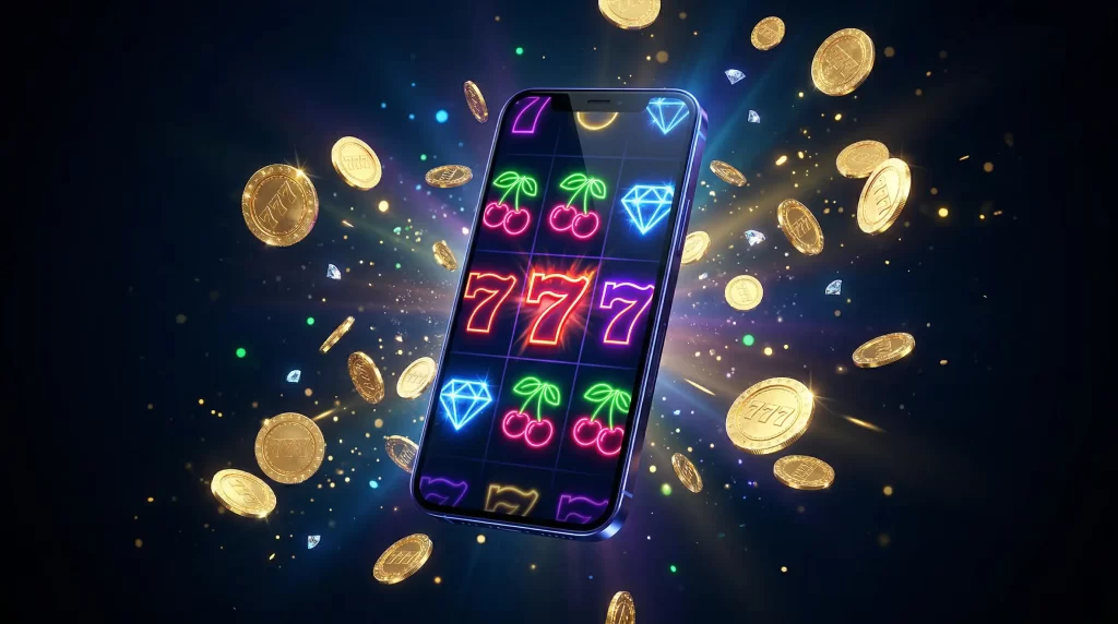 Smartphone mit leuchtenden Spielautomaten-Symbolen und Casino-Atmosphäre auf dem Bildschirm