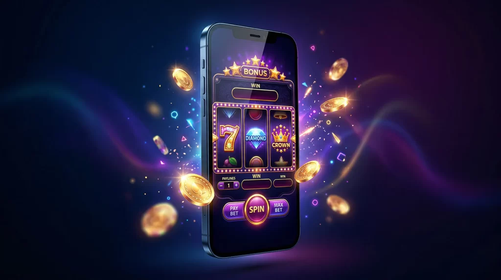Smartphone mit Casino-Spieloberflache und digitalen Bonussymbolen vor blauem Hintergrund