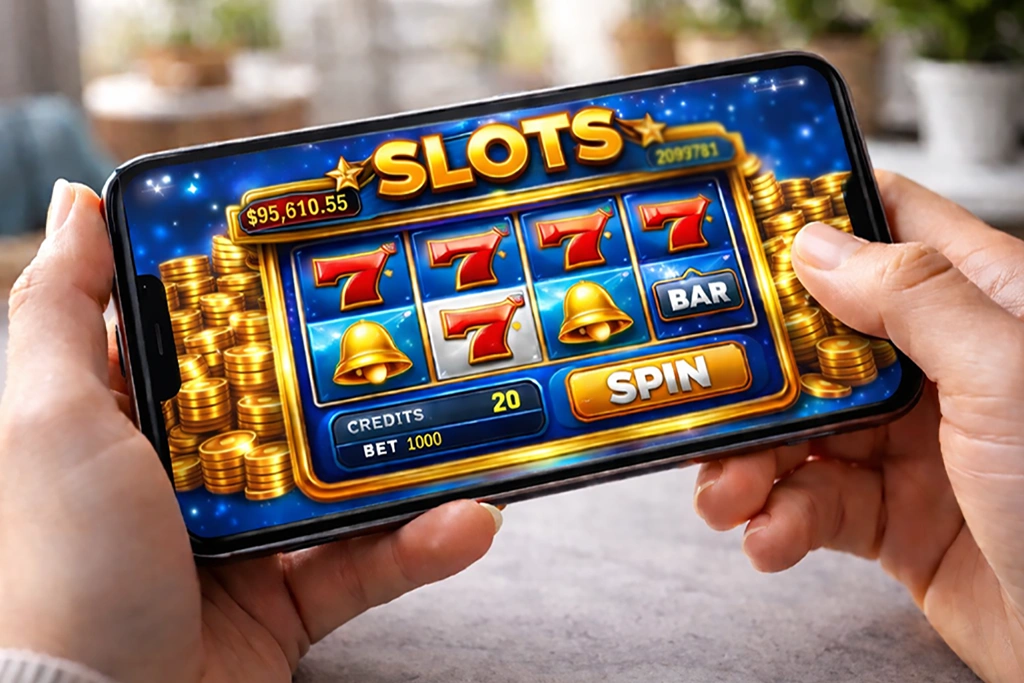 Person holding a smartphone with a slot machine game on screen showing winning combination and spin button in a cozy indoor setting