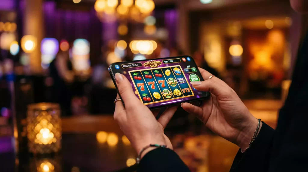 Moderni smartphone s obrazovkou zobrazujici kasinovou hru v rukou hrace
