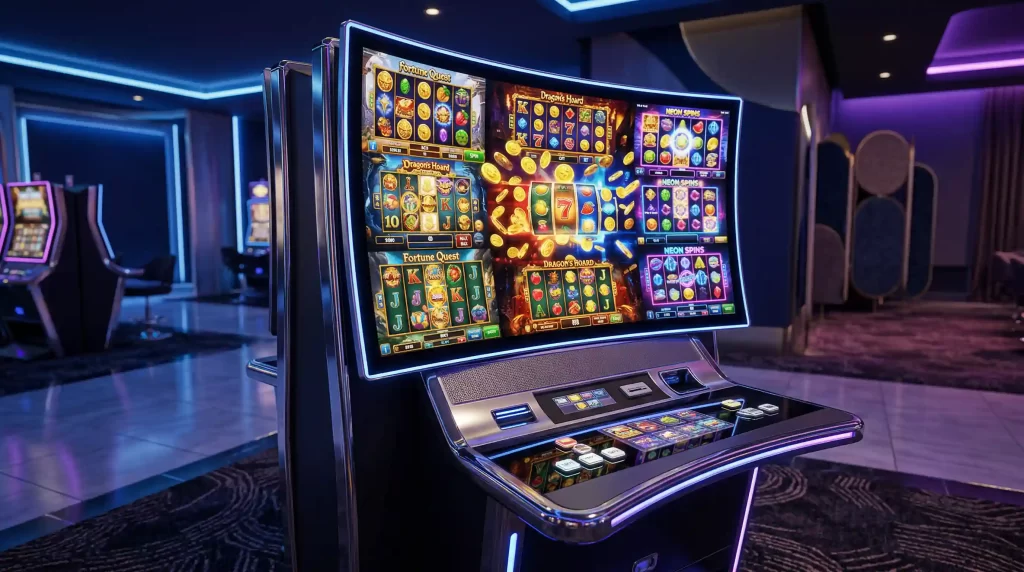 Moderne Multi-Game Spielautomaten mit verschiedenen Spielen auf einem Bildschirm in Deutschland