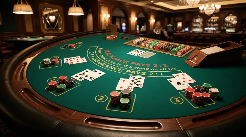Multi-Hand Blackjack Kartentisch mit mehreren Spielpositionen und Chips in professioneller Casino-Atmosphaere