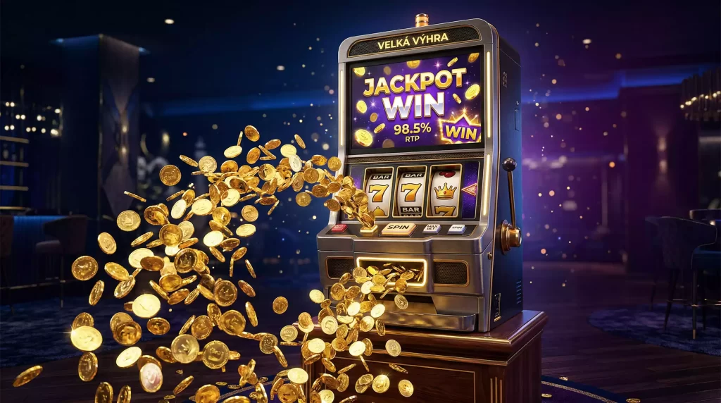 Zlate mince vypadajici z vyherni obrazovky automatu s vysokym RTP