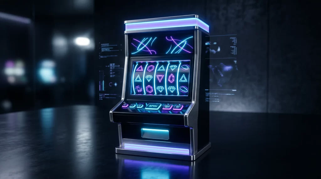 Moderner Spielautomat mit digitalen Walzen und neonblauer Beleuchtung in einem zeitgenössischen Casino-Ambiente