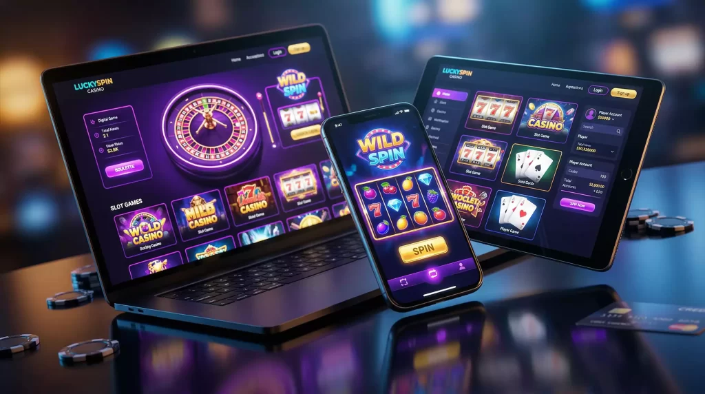 Modern online casino platform interface on multiple devices with glowing neon accents