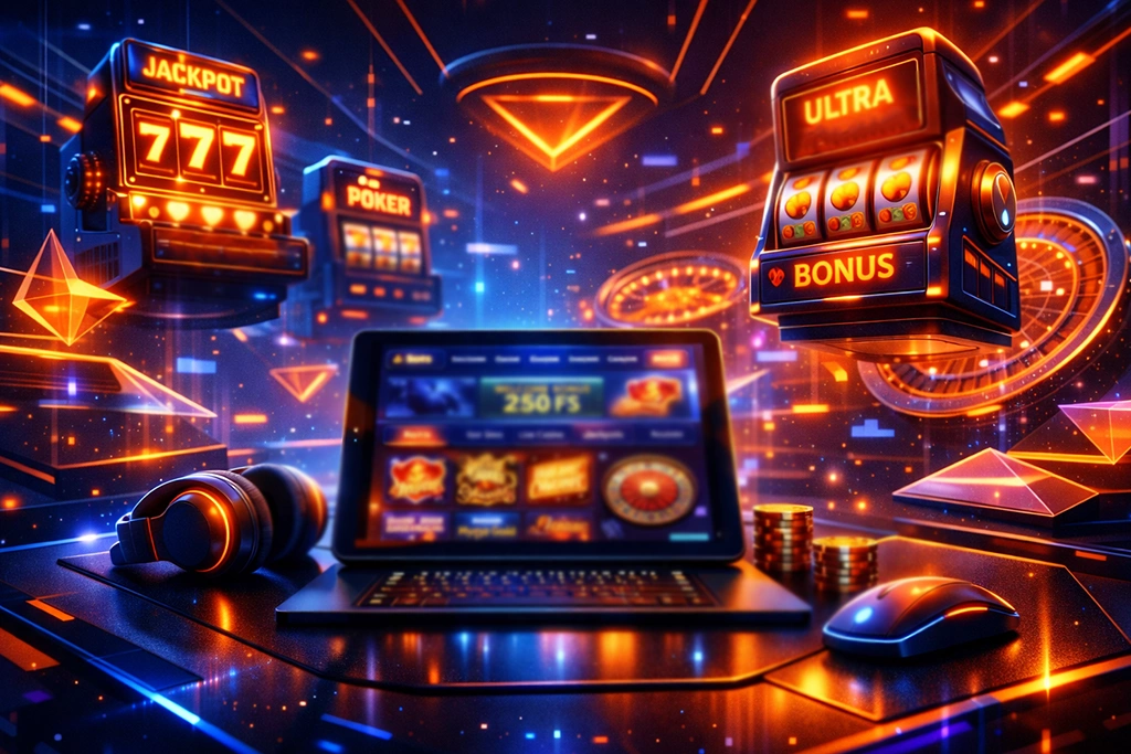 Moderne online casino-omgeving met gloeiende neonverlichting en digitale speelautomaten in Nederlandse stijl