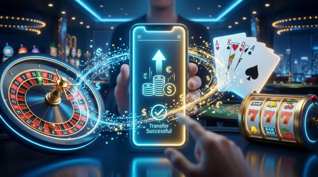 Digital banking interface connecting to online casino platform with instant deposit visualization