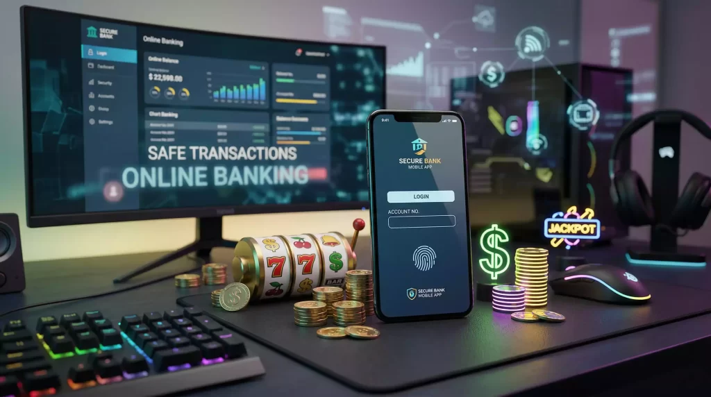 Modern digital banking interface with secure payment symbols and casino gaming elements representing instant no-registration gambling