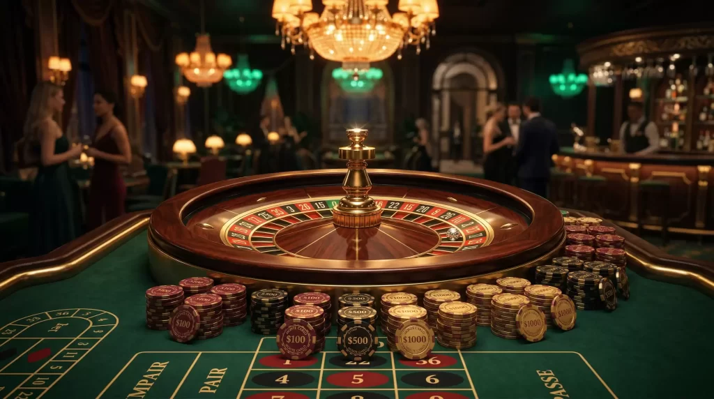 Roulette wheel and casino chips illuminated by dramatic lighting on a gaming table
