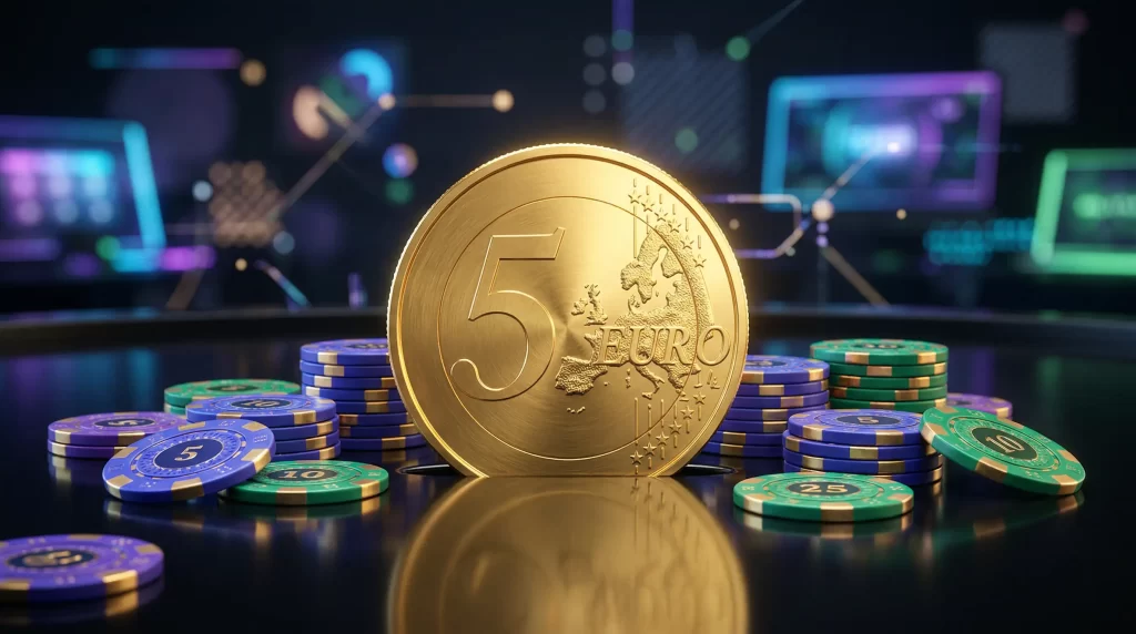Symbolische Darstellung einer 5 Euro Einzahlung im Online Casino mit Pokerchips und digitaler Zahlungsschnittstelle
