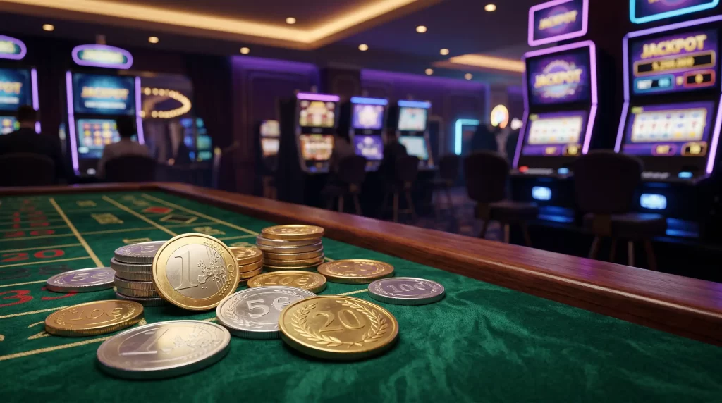 Spielautomat mit Chips und Geldscheinen auf einem Casino-Tisch mit grünem Filz und warmem Licht