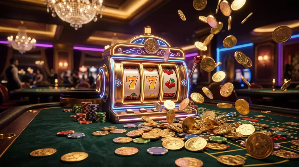 Herni automat s mincemi a zlavy symbolizujici vyhry ve skutecnych penezich