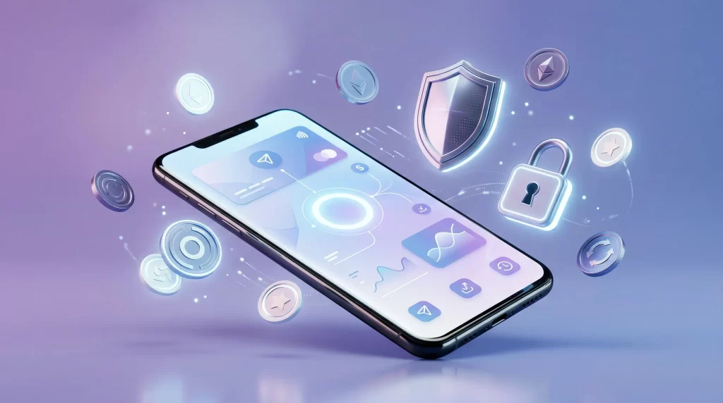 Stilisierte Darstellung einer digitalen Geldbörse mit Smartphone und Zahlungssymbolen in modernem Design