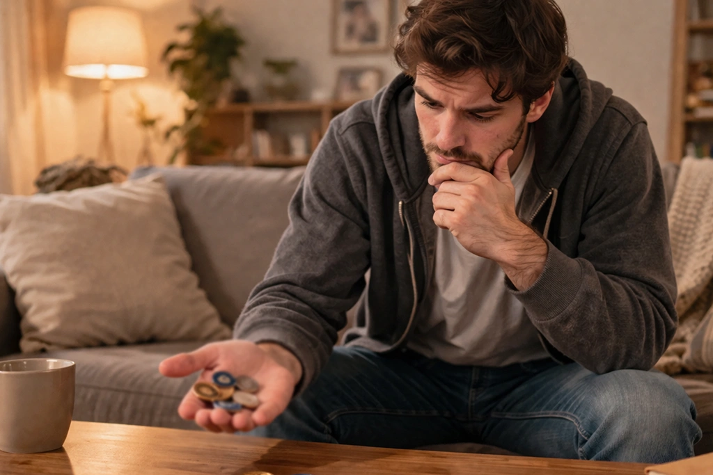 person choosing between options represented by small objects on table