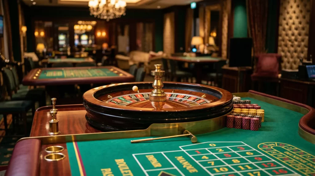 Eleganter Roulettekessel mit goldener Kugel im professionellen Casino-Ambiente