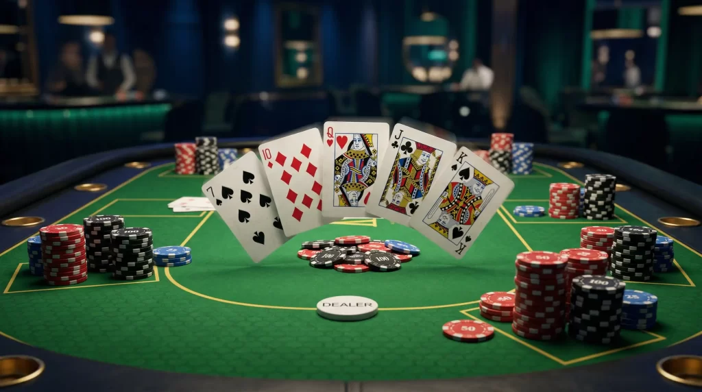 Dynamische Szene eines virtuellen Fast Fold Poker Tisches mit Karten und Chips in Bewegung