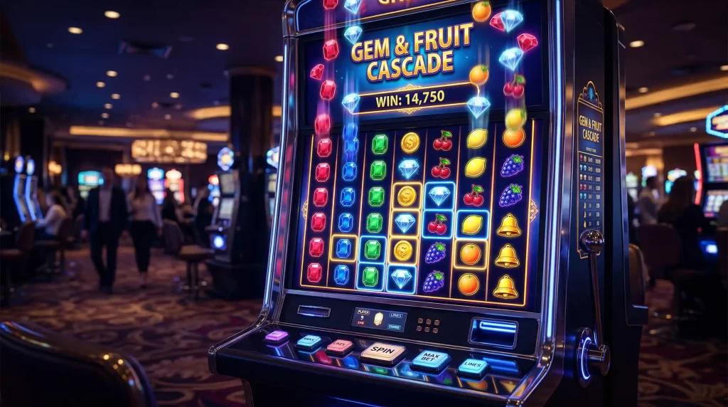 Sieben-Walzen-Spielautomat mit Cluster-Pays-Mechanik und kaskadierende Symbole auf einem Raster