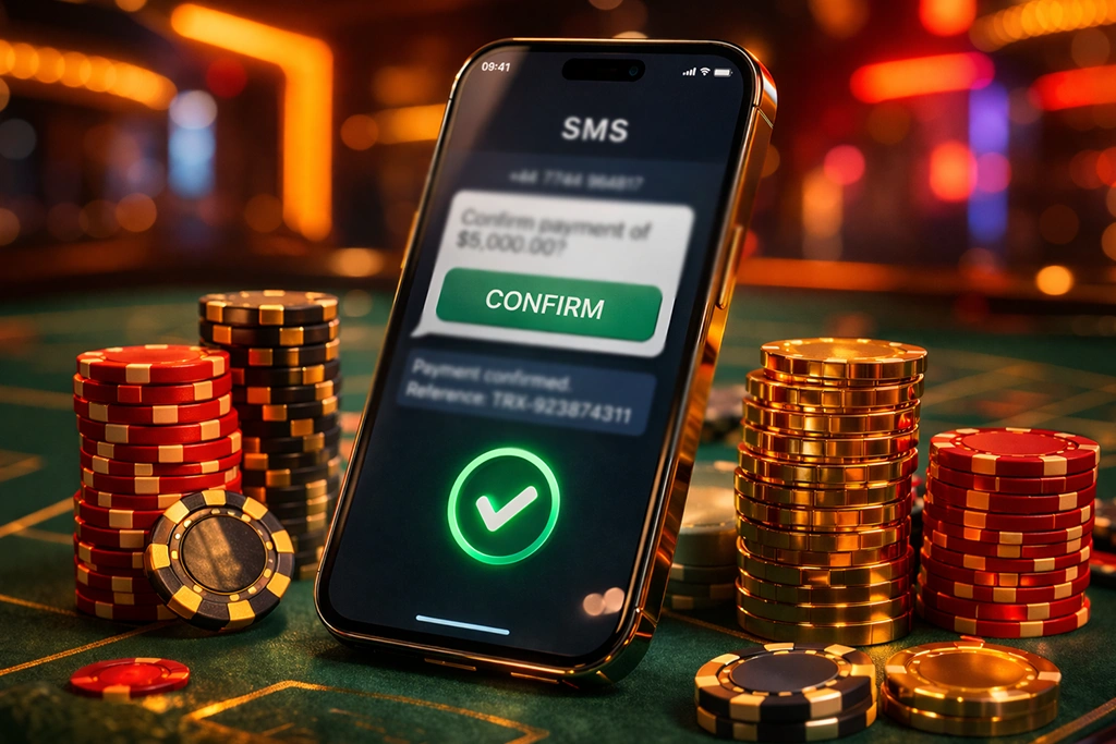 Smartphone met SMS-bevestiging voor casinobetaling naast casinofiches op een speeltafel