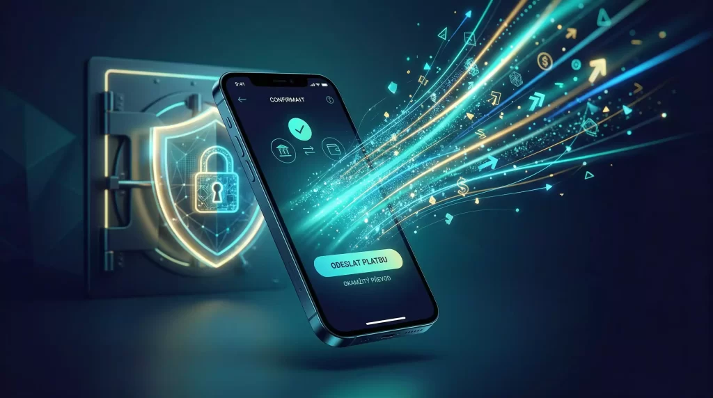 Platební terminál zobrazující Sofort převod s ikonou bankovního připojení