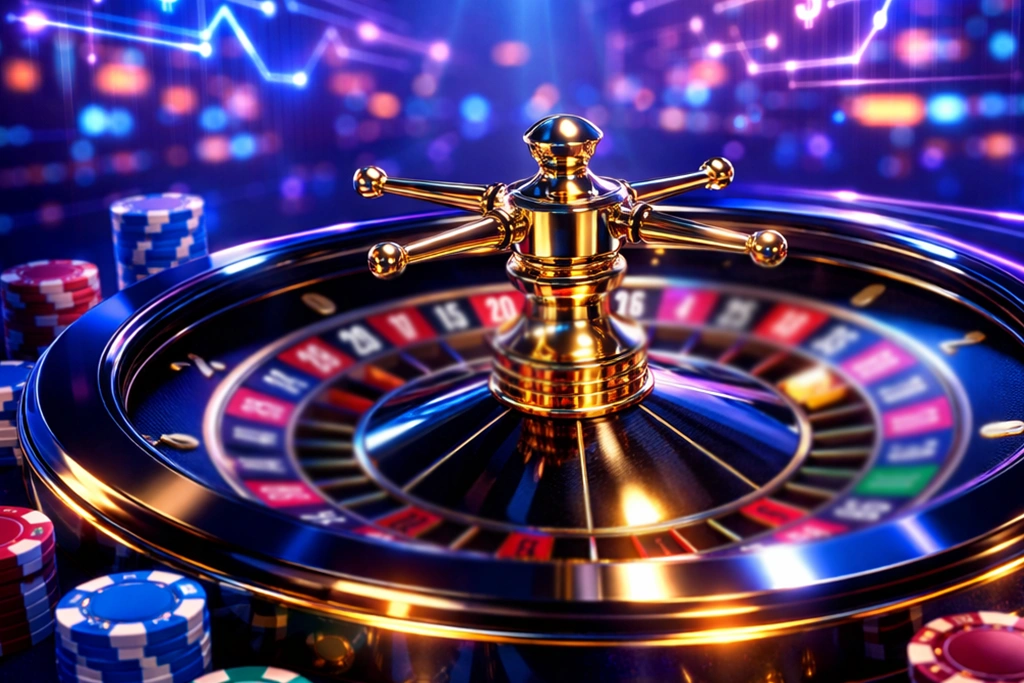 Neon verlichte roulette tafel in moderne online speelhal zonder registratie