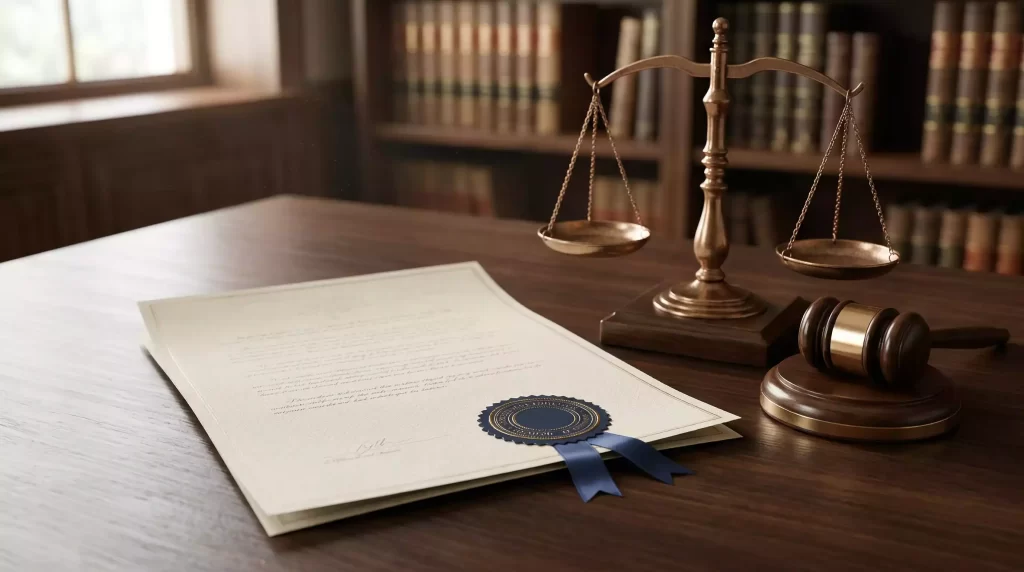 Legal document with gavel and scales of justice representing terms and conditions agreement