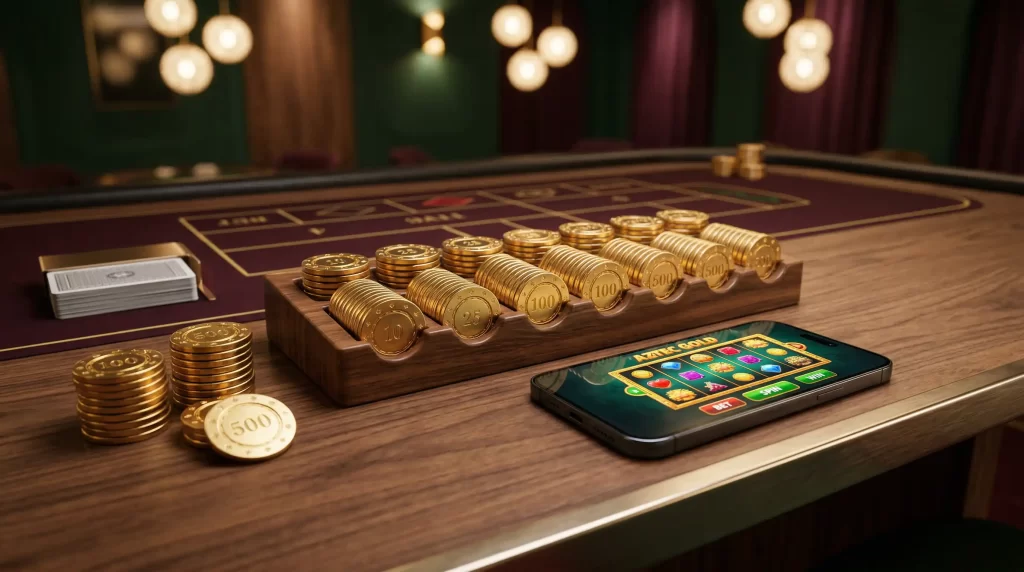 Spielautomat mit goldenen Münzen und Pokerchips auf einem eleganten Spieltisch in einem modernen Casino-Ambiente