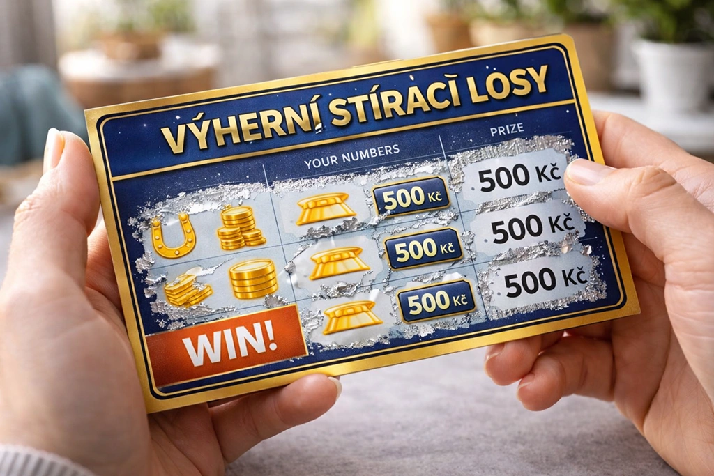 Person holding a winning scratch card ticket with revealed prizes of 500 Kč and visible silver scratch areas in a bright indoor setting