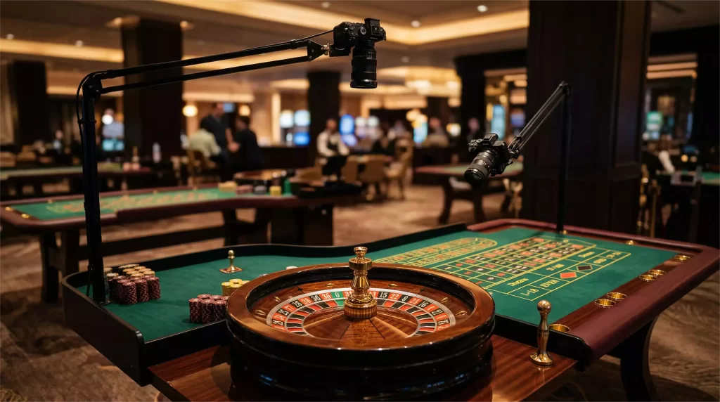 Profesionalni studio ziveho kasina s ruletovym stolem obklopenym HD kamerami pro streaming v realnem case